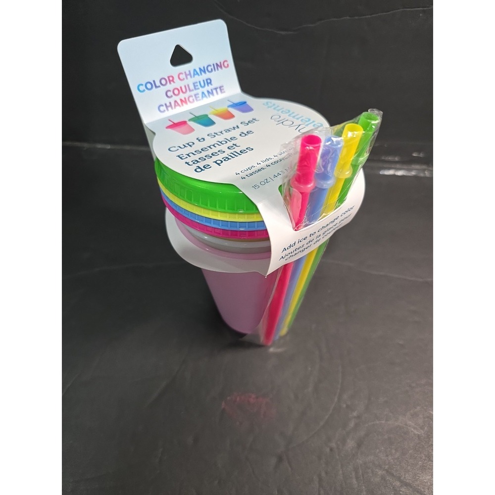 COLOR CHANGING REUSABLE COLD CUP TUMBLER SET: 4CUPS/4 LIDS/4‎ STRAWS, NEW